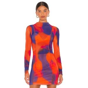 H:OURS / NWT AMETHYST mesh long sleeve MINI DRESS IN CANDY OMBRE blue red M